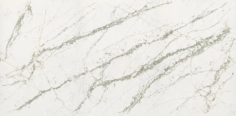 Wilsonart Verde Peak quartz swatch: white quartzite-look surface with bold veining