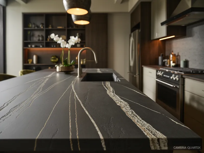 Cambria Ironsbridge quartz countertop in transitional kitchen