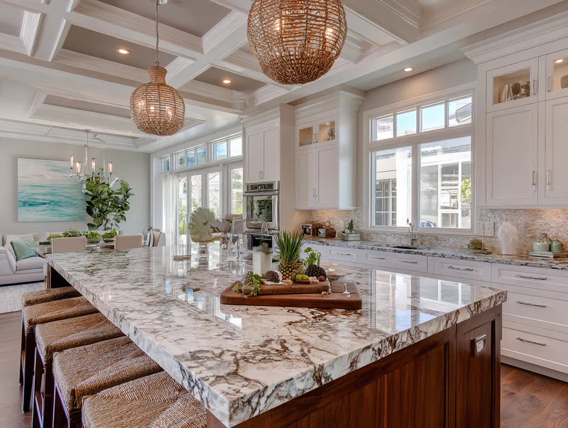 Coastal kitchen with marble island and coffered ceiling