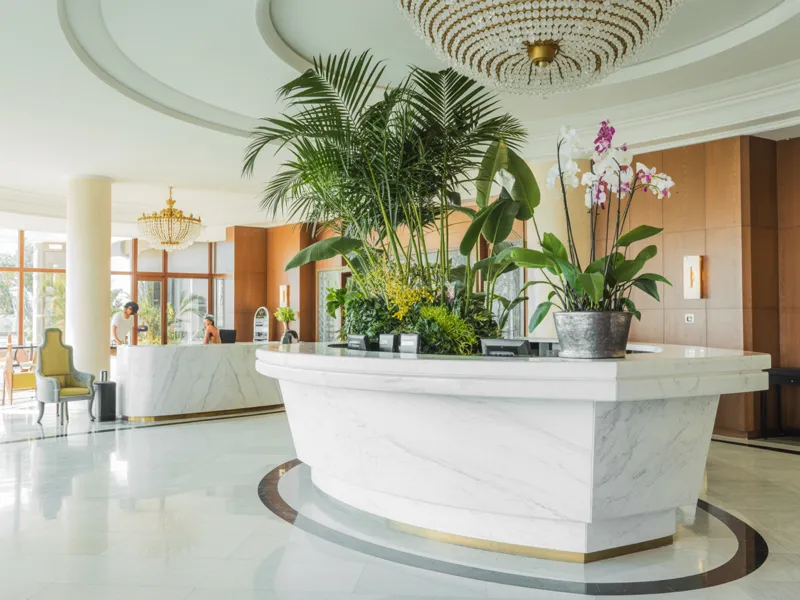 Hotel lobby with luxury quartz reception desk