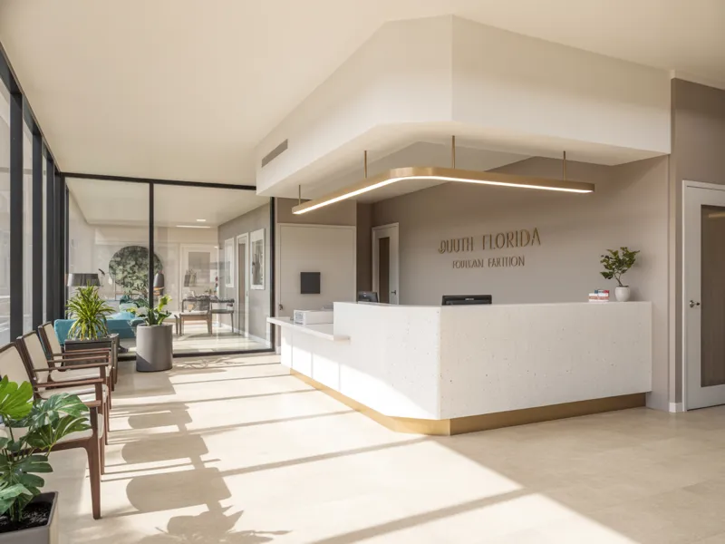 Medical office with clean white quartz reception desk