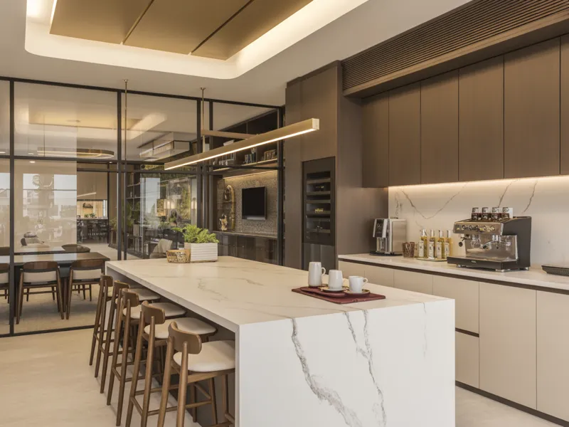 Corporate office break room with quartz countertops
