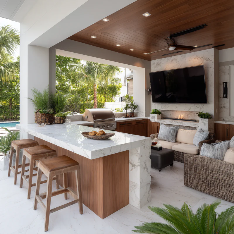 Covered patio with white marble island and pool view