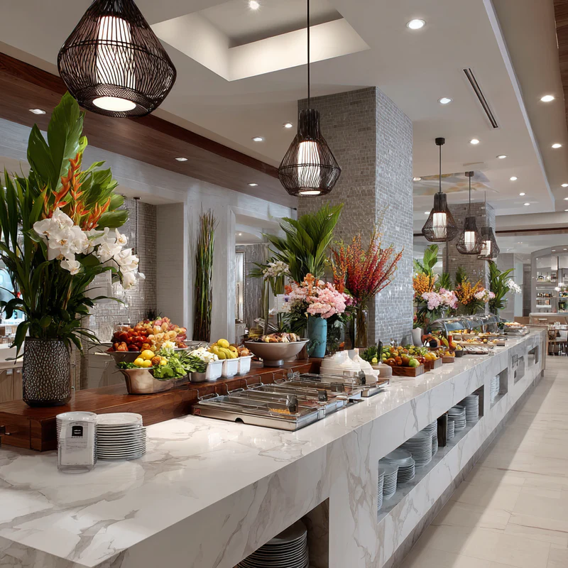 Hotel buffet white marble quartz counter Miami hospitality