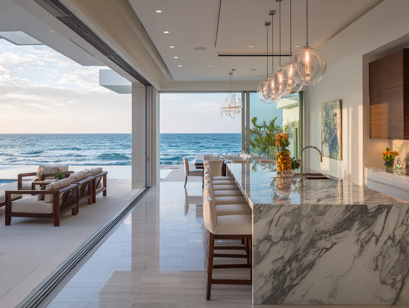 Coastal beachfront kitchen with white quartz countertops and ocean view in South Florida