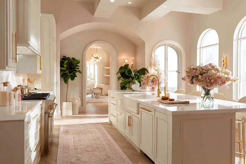 Blush pink kitchen with gold accents and arched ceiling