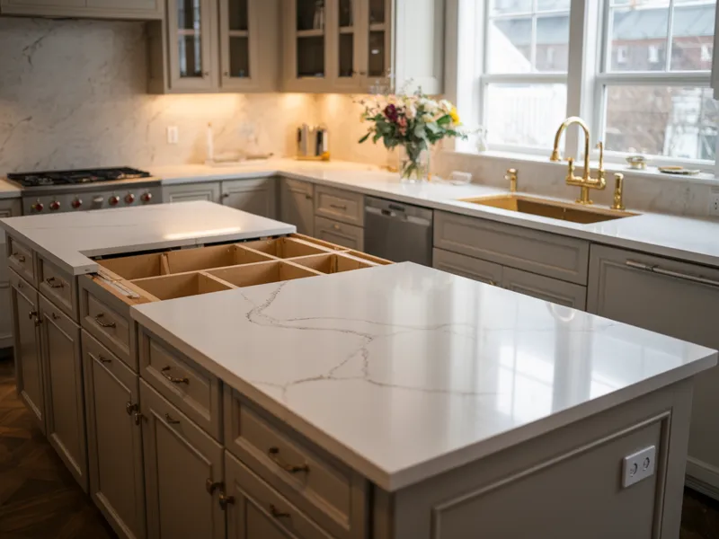 Kitchen with new veined white quartz on the island and perimeter cabinets