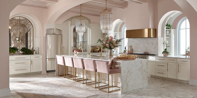 French Mediterranean kitchen with pink and gold accents