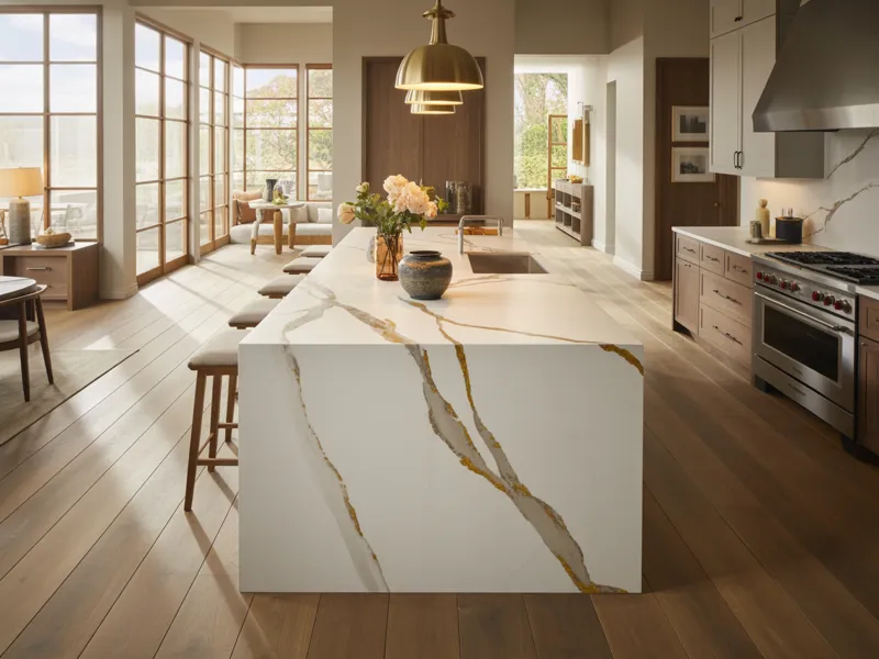 Luxury quartz kitchen island with waterfall edge