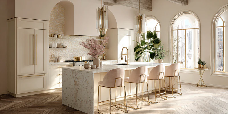 Penthouse kitchen with blush and cream tones and arched details