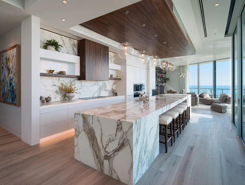 Penthouse kitchen with Calacatta quartz and walnut ceiling