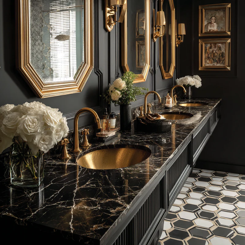 Luxury bathroom with black marble quartz and gold fixtures