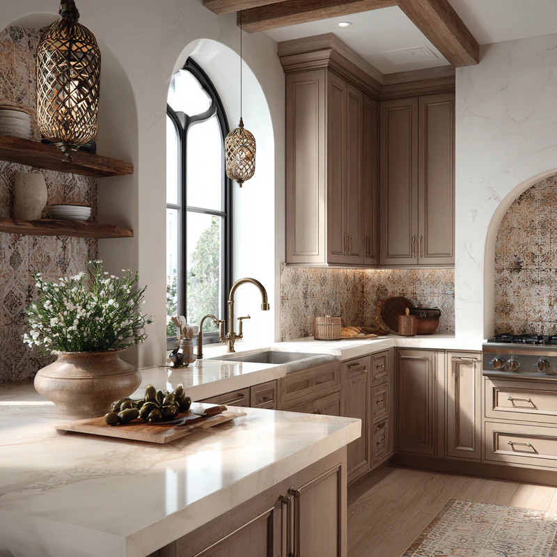 Mediterranean kitchen with quartz countertops and arched windows