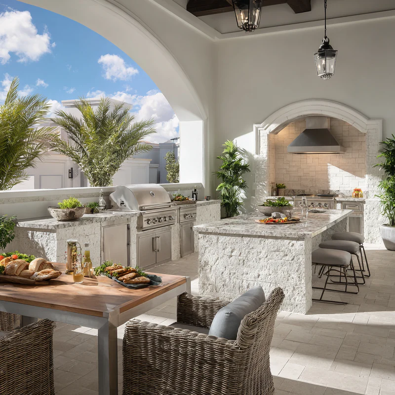 Mediterranean outdoor kitchen with stone arches and quartz