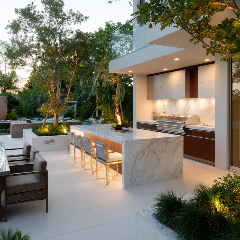 Modern outdoor kitchen with white marble waterfall island