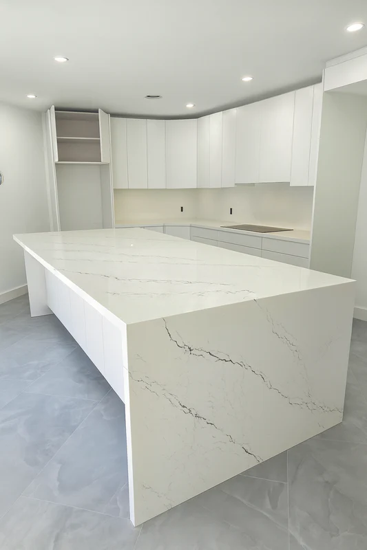 White quartz island with a waterfall edge