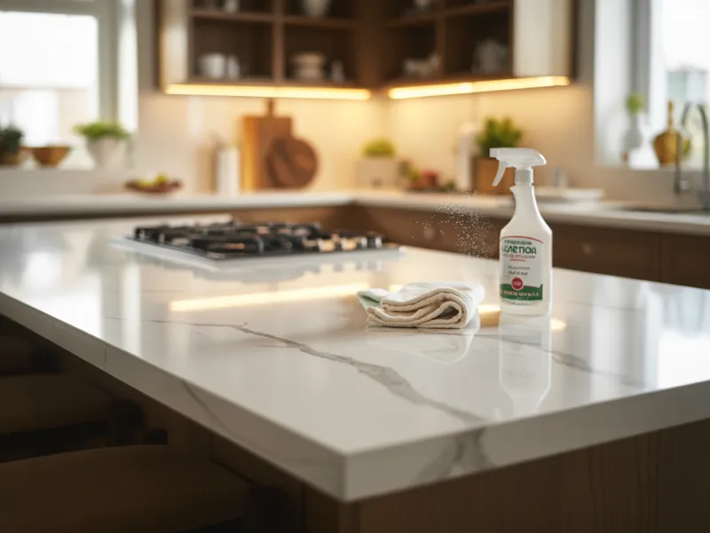 White veined quartz island with a spray cleaner and folded cloth ready for stain removal