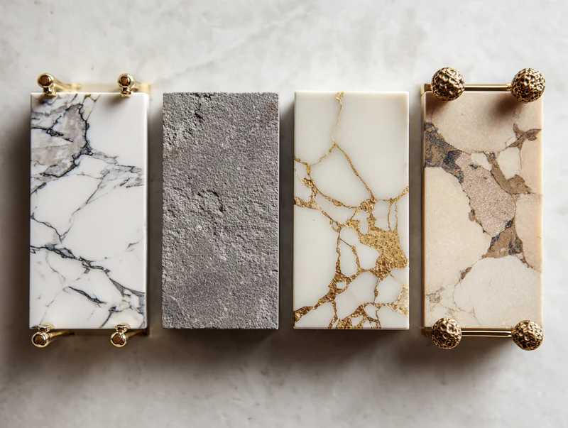 Luxury quartz slab samples with gold hardware accents