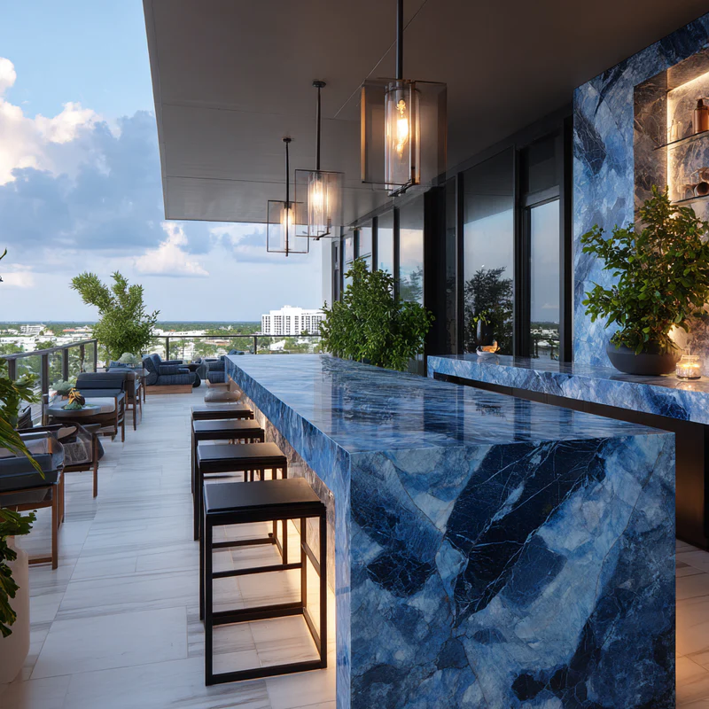 Rooftop bar with blue marble quartz and city view