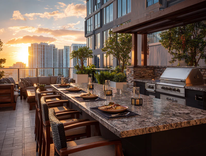 Rooftop outdoor kitchen with sunset skyline view