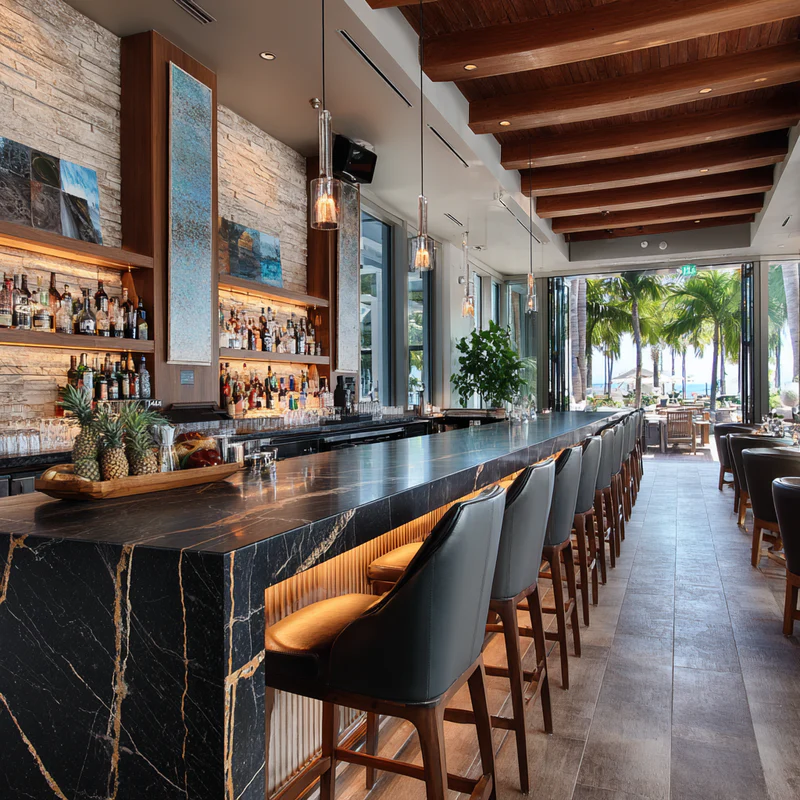 Tropical restaurant bar black quartz countertops Boca Raton